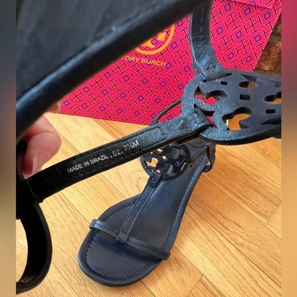 Tory Burch Navy Tumbled Leather Mini Miller 60MM Wedge Sandals - Picture 12 of 14